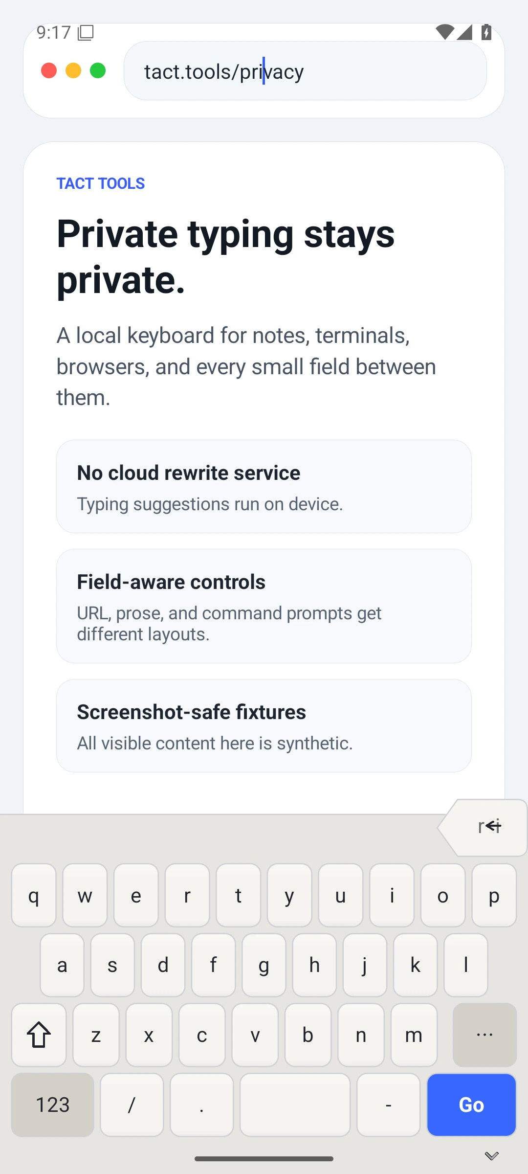 Tact keyboard in a browser address field with URL punctuation.