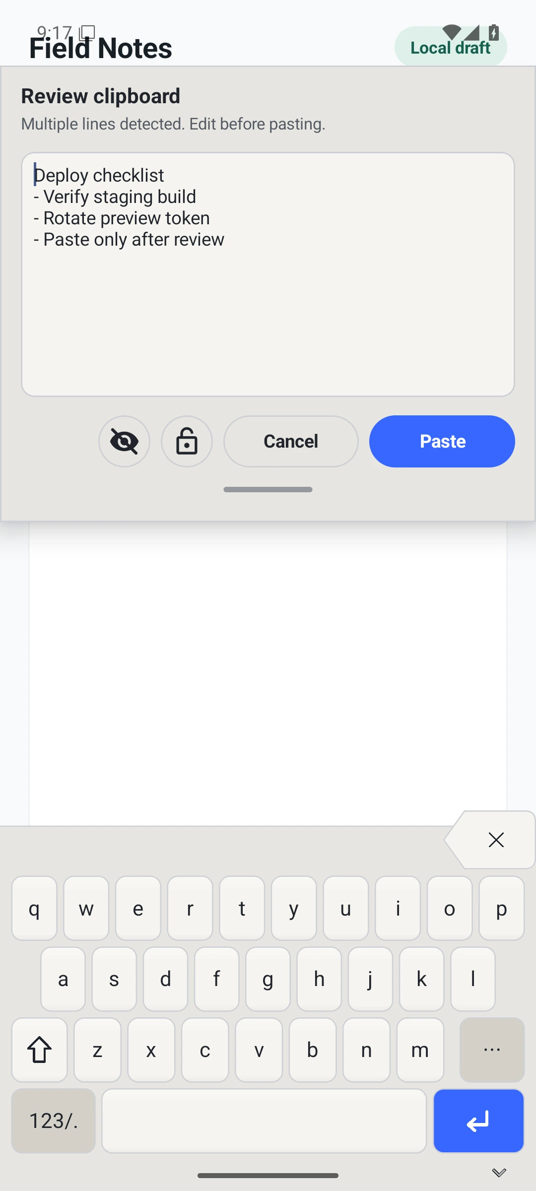 Tact clipboard review surface showing a guarded paste prompt.