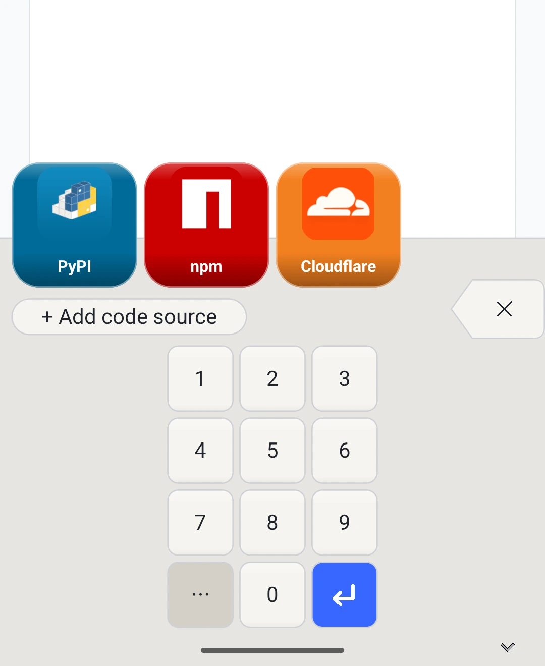 Tact OTP source picker with PyPI, npm, and Cloudflare source buttons.