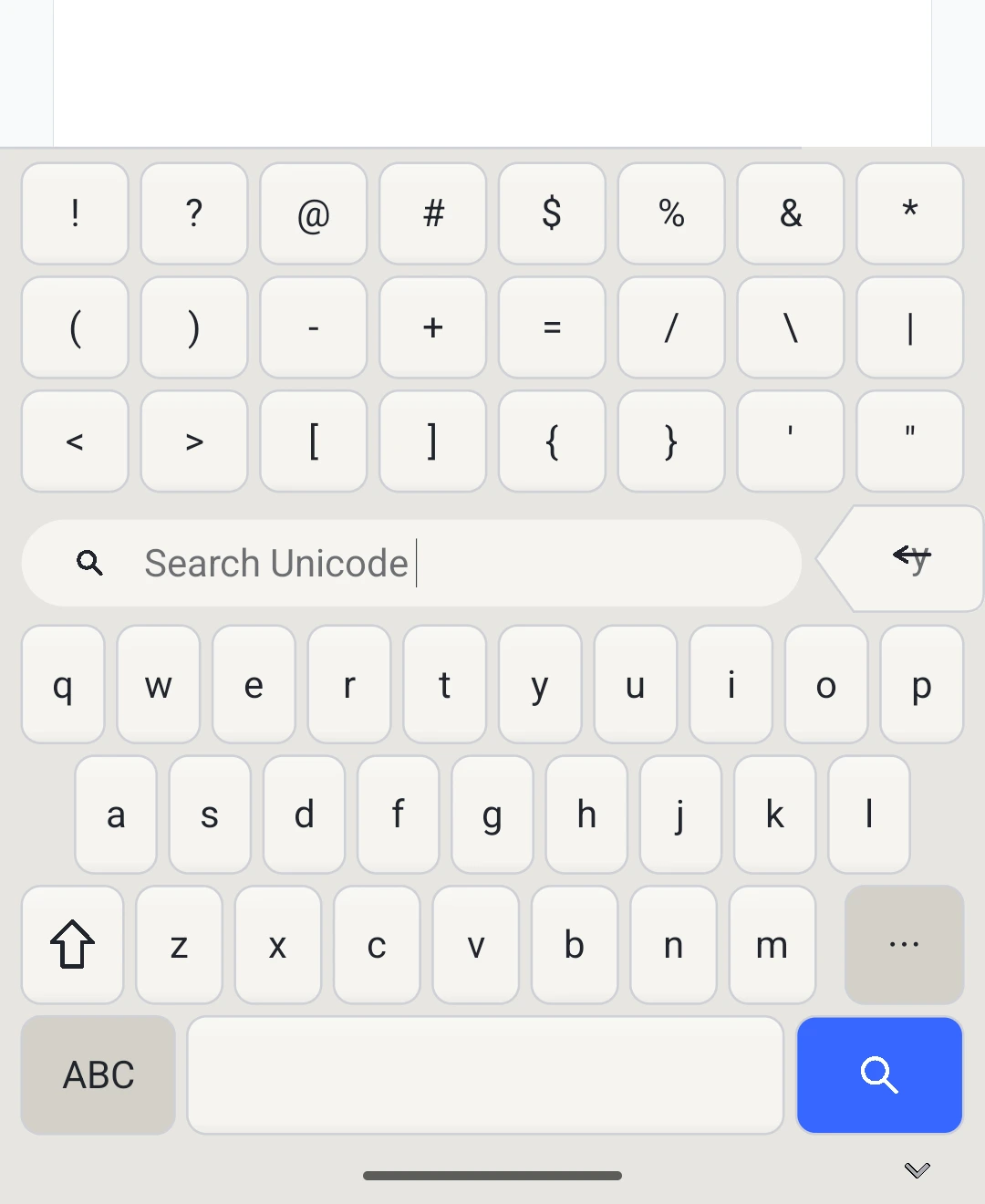 Tact Unicode symbol browser with symbol rows and search.